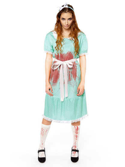 Front view of the Creepy Sister adult costume featuring a dark vintage dress with a crisp white lace collar and cuffs.