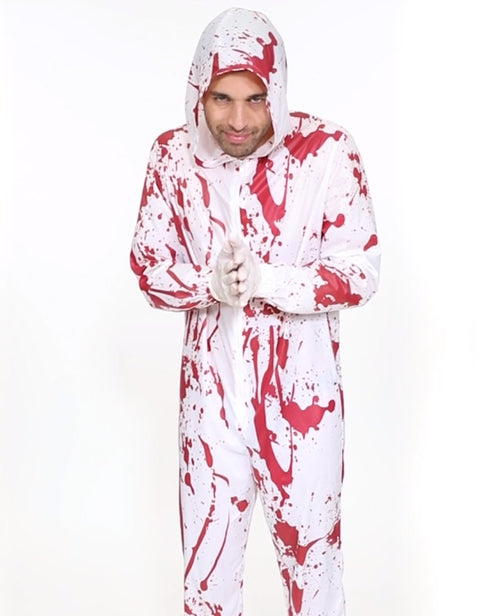 Adult wearing a white hooded Crime Scene Inspector jumpsuit with black bold text printed on the front in a lit studio setting.