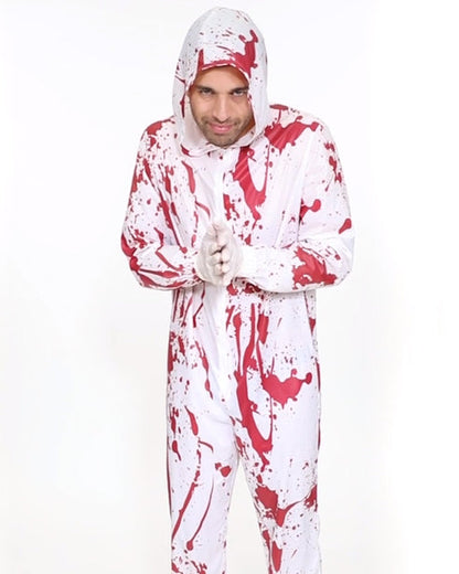 Adult wearing a white hooded Crime Scene Inspector jumpsuit with black bold text printed on the front in a lit studio setting.
