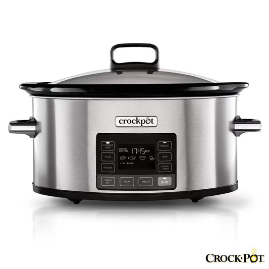 Crockpot digital slow cooker preparing meal with precise time control
