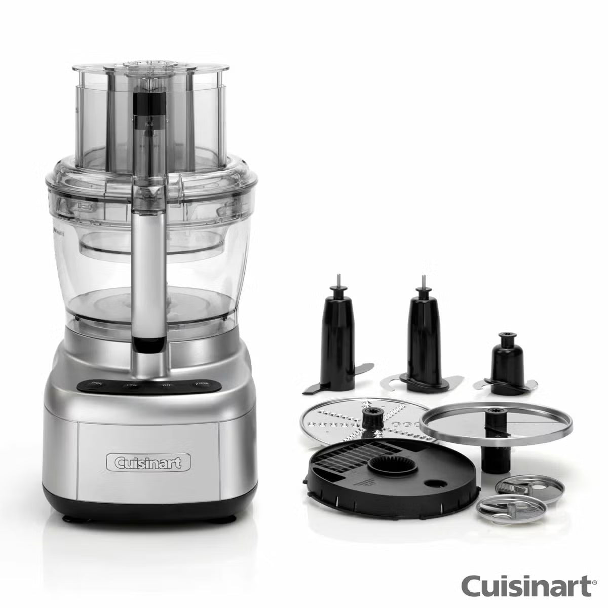 Front angle view of the silver Cuisinart FP1300SU Expert Prep Pro Food Processor set up with its 3L bowl and blade accessories on a clean kitchen counter.