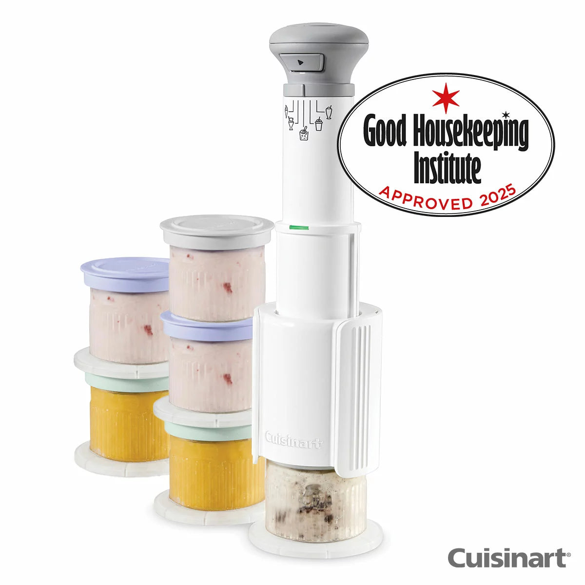 Cuisinart Freezer Wand and Ice Cream Maker with 6 reusable dessert tubs for making homemade ice cream, sorbet, frozen yogurt, and frozen desserts.