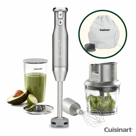 Cuisinart silver hand blender blending soup smoothly in kitchen