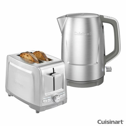 Brushed stainless steel Cuisinart Core Collection kettle and long-slot toaster set displayed together on a clean kitchen counter.