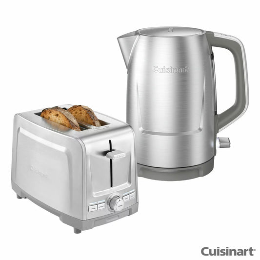 Brushed stainless steel Cuisinart Core Collection kettle and long-slot toaster set displayed together on a clean kitchen counter.