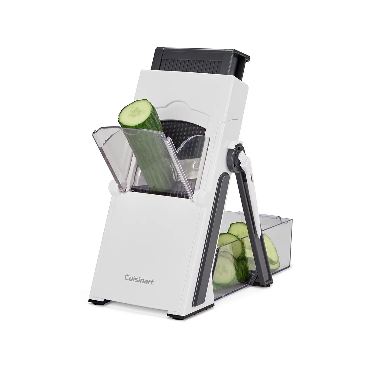 The Cuisinart PrecisionSlice Upright Mandoline standing on a counter, showcasing its extra-wide feed tube, control knob, and attached clear collection container.