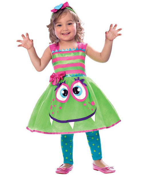 Front view of the bright pink and green Cute Monster child costume dress featuring a monster face skirt and matching headband.