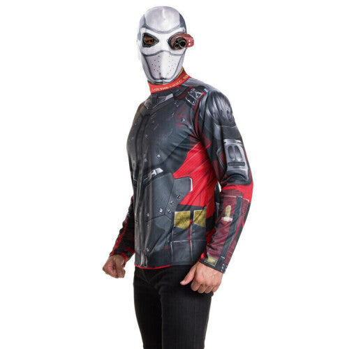 Front view of the black DC Suicide Squad Deadshot Adult Men's Costume Kit Medium featuring the printed top and mask.