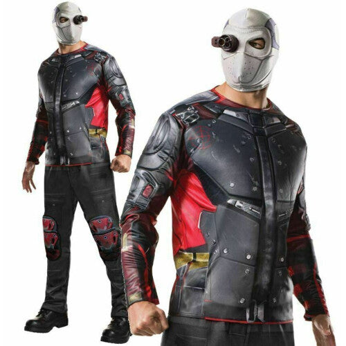 Front view of the black DC Suicide Squad Deadshot Adult Men's Costume Kit Medium featuring the printed top and mask.