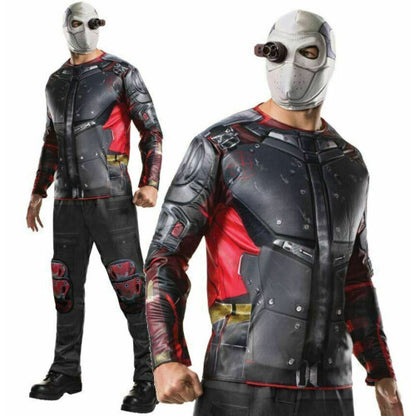 Front view of the black DC Suicide Squad Deadshot Adult Men's Costume Kit Medium featuring the printed top and mask.