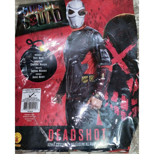 Front view of the black DC Suicide Squad Deadshot Adult Men's Costume Kit Medium featuring the printed top and mask.