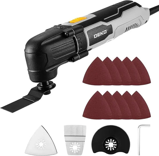 Yellow and grey DEKOPRO 300W corded oscillating multi tool displayed alongside flush cut blades, scraper attachment, and sanding pads on a clean workbench.