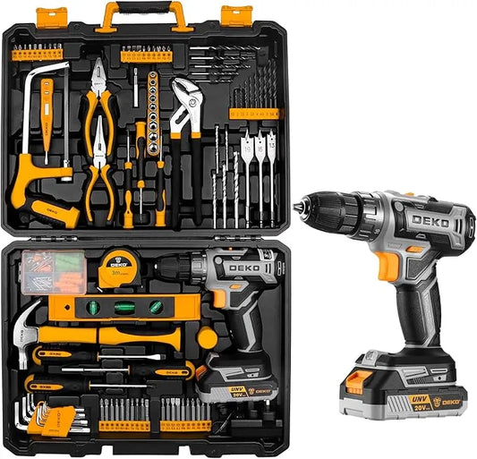 DEKO 186-piece cordless drill tool kit with 20V power drill, battery, and hand tools organized in a sturdy carrying case.