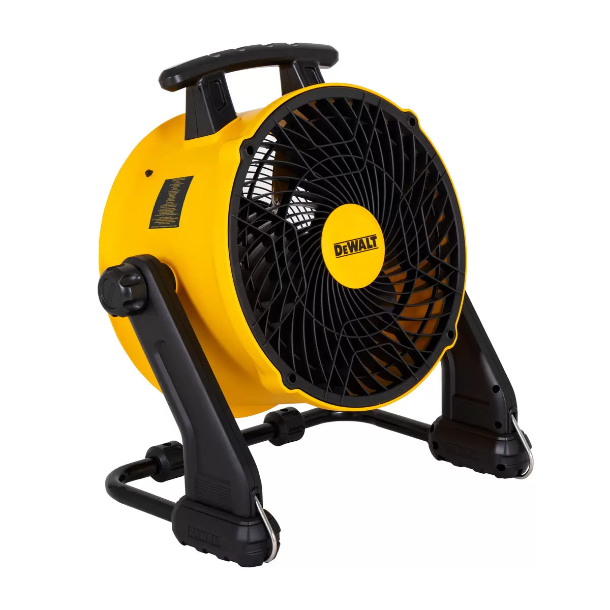DEWALT 16-inch bench top fan featuring a heavy-duty yellow and black metal housing and adjustable tilt head.