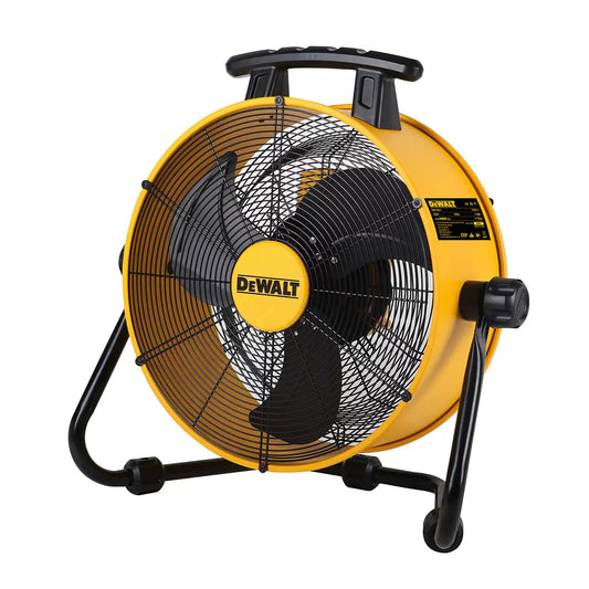 DEWALT 18-inch industrial floor fan with rugged metal cage and heavy-duty yellow and black base.