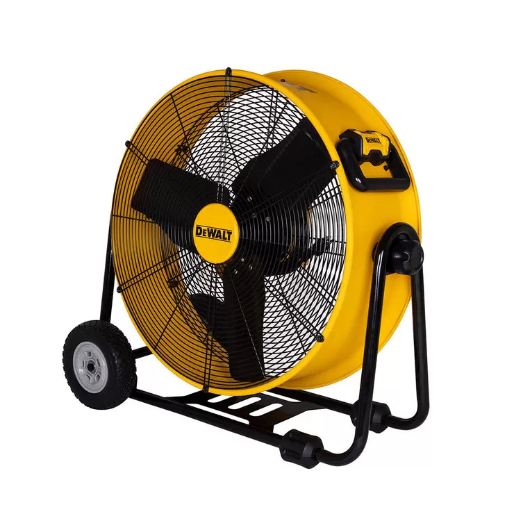 DEWALT 24-inch industrial floor fan with rugged metal cage and heavy-duty yellow and black base for job sites.