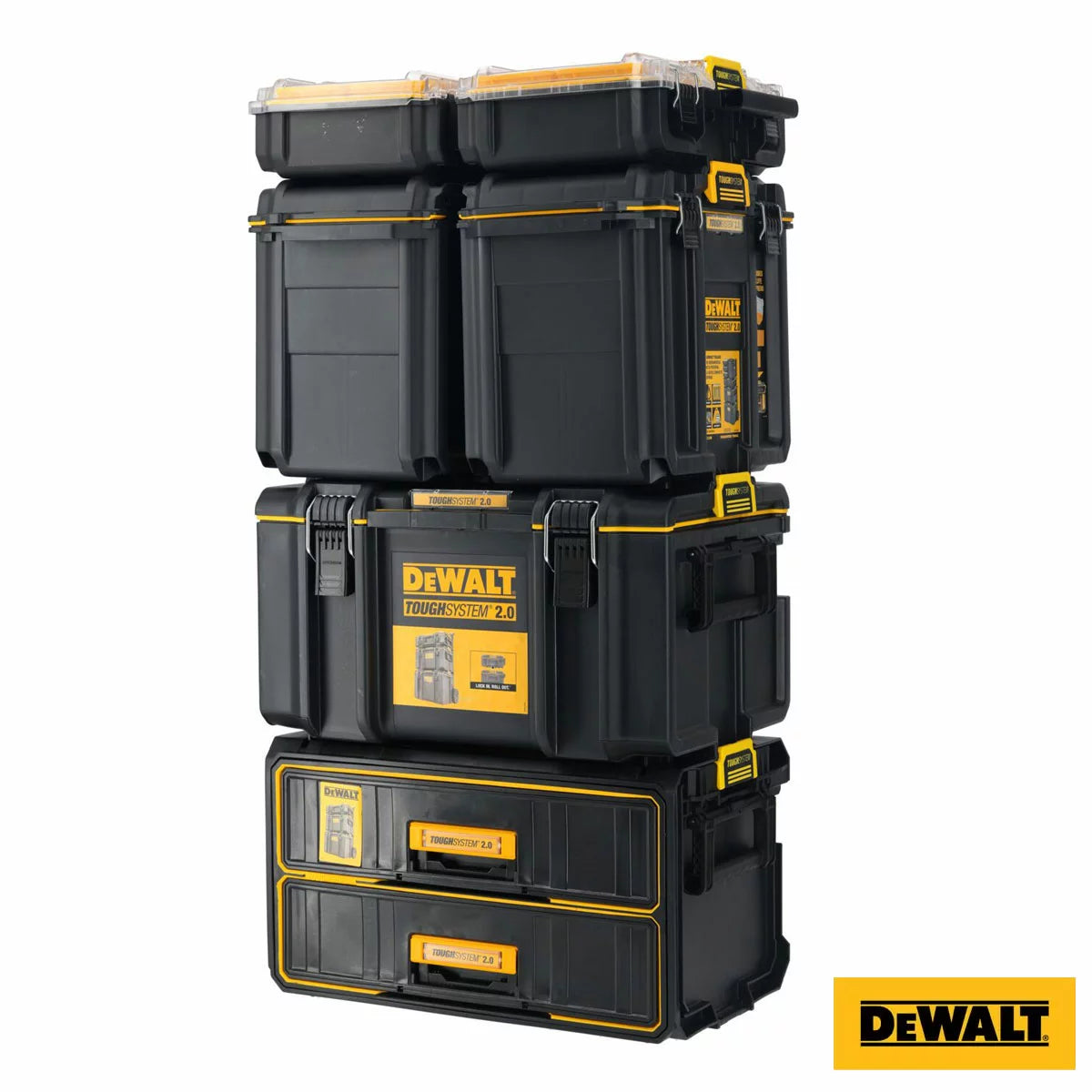 Side profile of the stacked black and yellow DEWALT DWST60480-1 TOUGHSYSTEM 2.0 six piece tower storage system highlighting the metal front wire latches and auto-connect side clips on a dusty construction site.