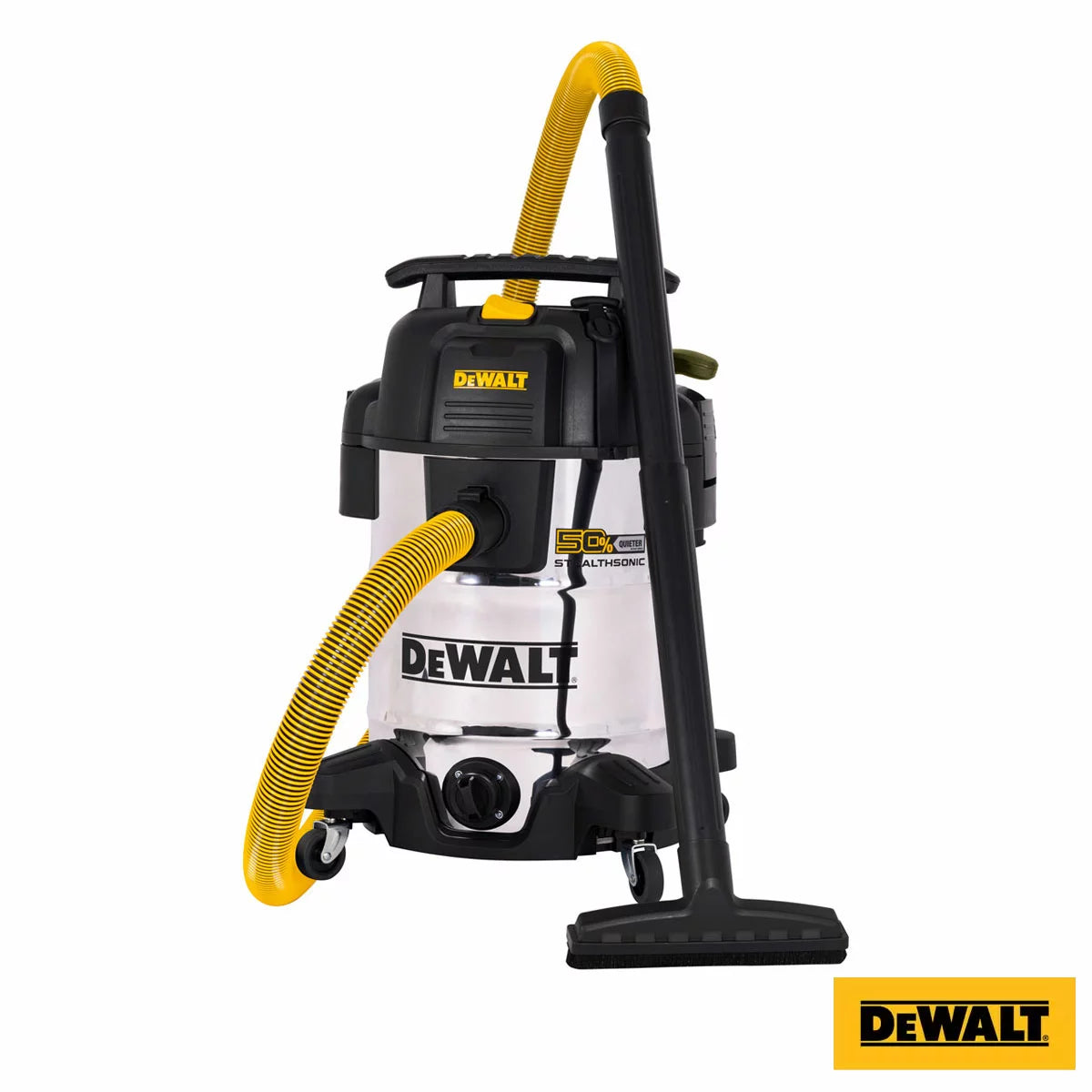 DEWALT 38 litre wet and dry corded vacuum cleaner with 2.1m hose for heavy-duty workshop and industrial cleaning.