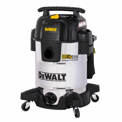 DEWALT 38 litre wet and dry corded vacuum cleaner with 2.1m hose for heavy-duty workshop and industrial cleaning.