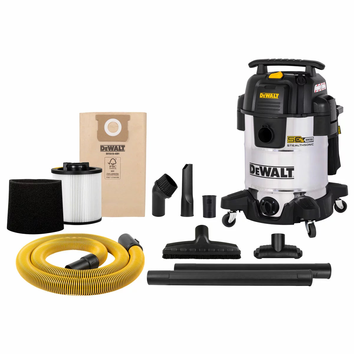 DEWALT 38 litre wet and dry corded vacuum cleaner with 2.1m hose for heavy-duty workshop and industrial cleaning.