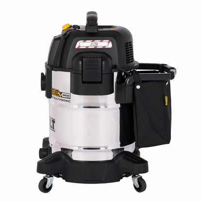 DEWALT 38 litre wet and dry corded vacuum cleaner with 2.1m hose for heavy-duty workshop and industrial cleaning.
