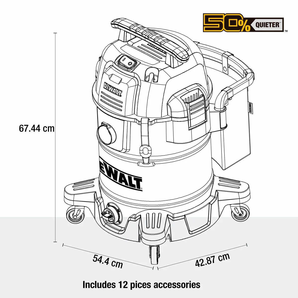 DEWALT 38 litre wet and dry corded vacuum cleaner with 2.1m hose for heavy-duty workshop and industrial cleaning.