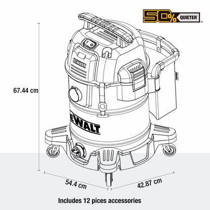 DEWALT 38 litre wet and dry corded vacuum cleaner with 2.1m hose for heavy-duty workshop and industrial cleaning.