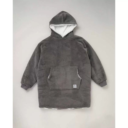 Front view of a plush black DKNY kids oversized hoodie displaying the fluffy sherpa fleece interior lining and front kangaroo pocket on a clean neutral background.