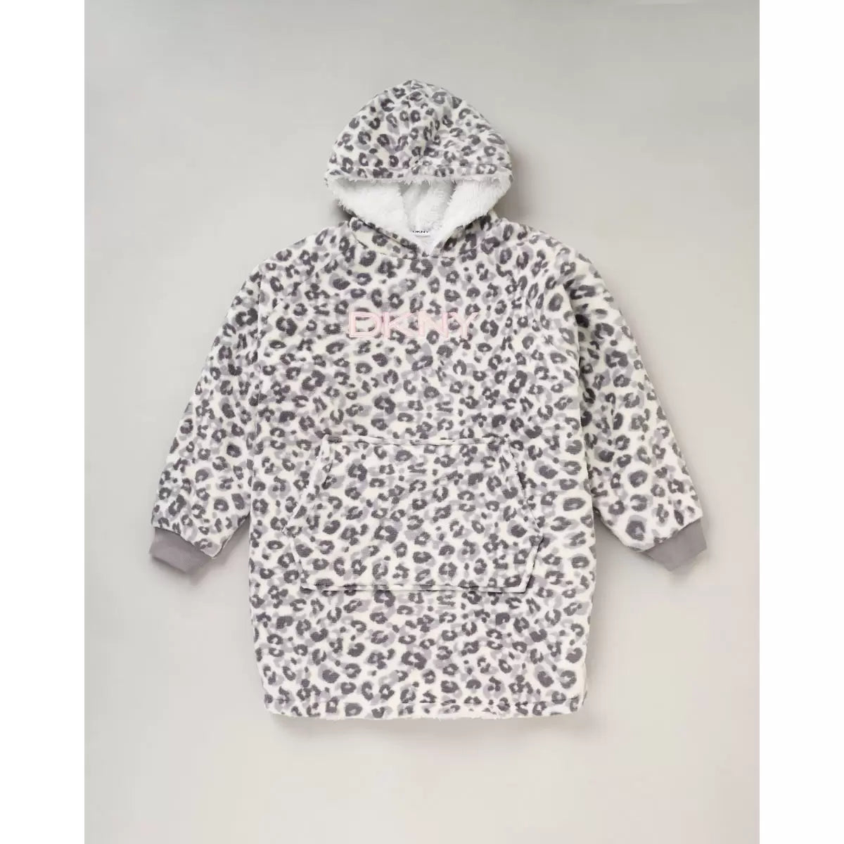 Front view of a plush black DKNY kids oversized hoodie displaying the fluffy sherpa fleece interior lining and front kangaroo pocket on a clean neutral background.