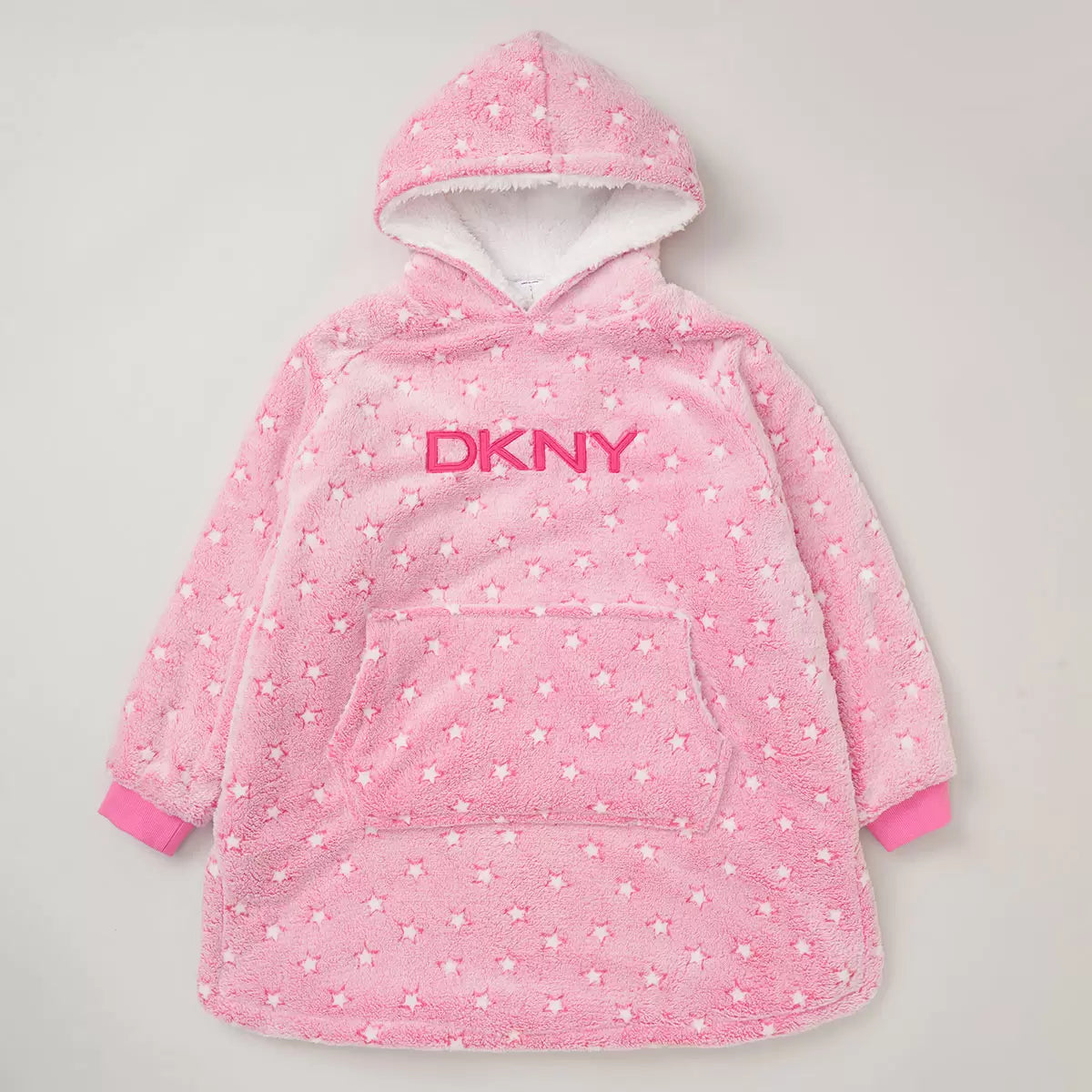 Front view of a plush black DKNY kids oversized hoodie displaying the fluffy sherpa fleece interior lining and front kangaroo pocket on a clean neutral background.