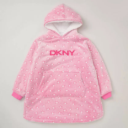 Front view of a plush black DKNY kids oversized hoodie displaying the fluffy sherpa fleece interior lining and front kangaroo pocket on a clean neutral background.