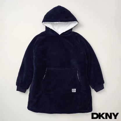 Front view of a plush black DKNY kids oversized hoodie displaying the fluffy sherpa fleece interior lining and front kangaroo pocket on a clean neutral background.
