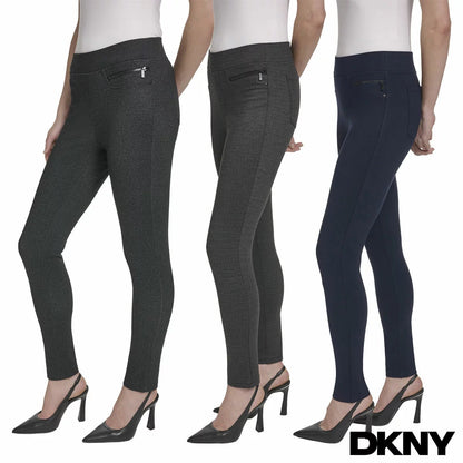 Side view of a model wearing black plaid DKNY ladies pull on ponte pants with front zipper details and skinny leg fit.