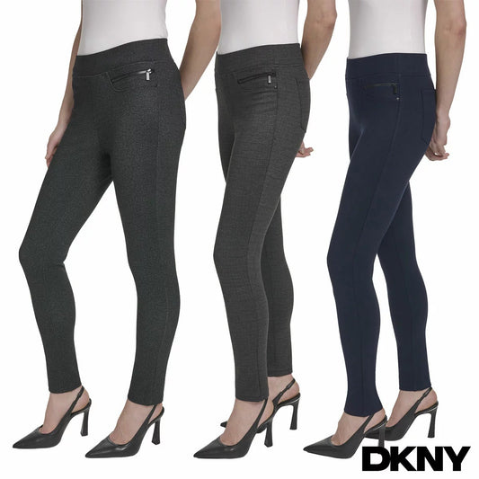 Side view of a model wearing black plaid DKNY ladies pull on ponte pants with front zipper details and skinny leg fit.