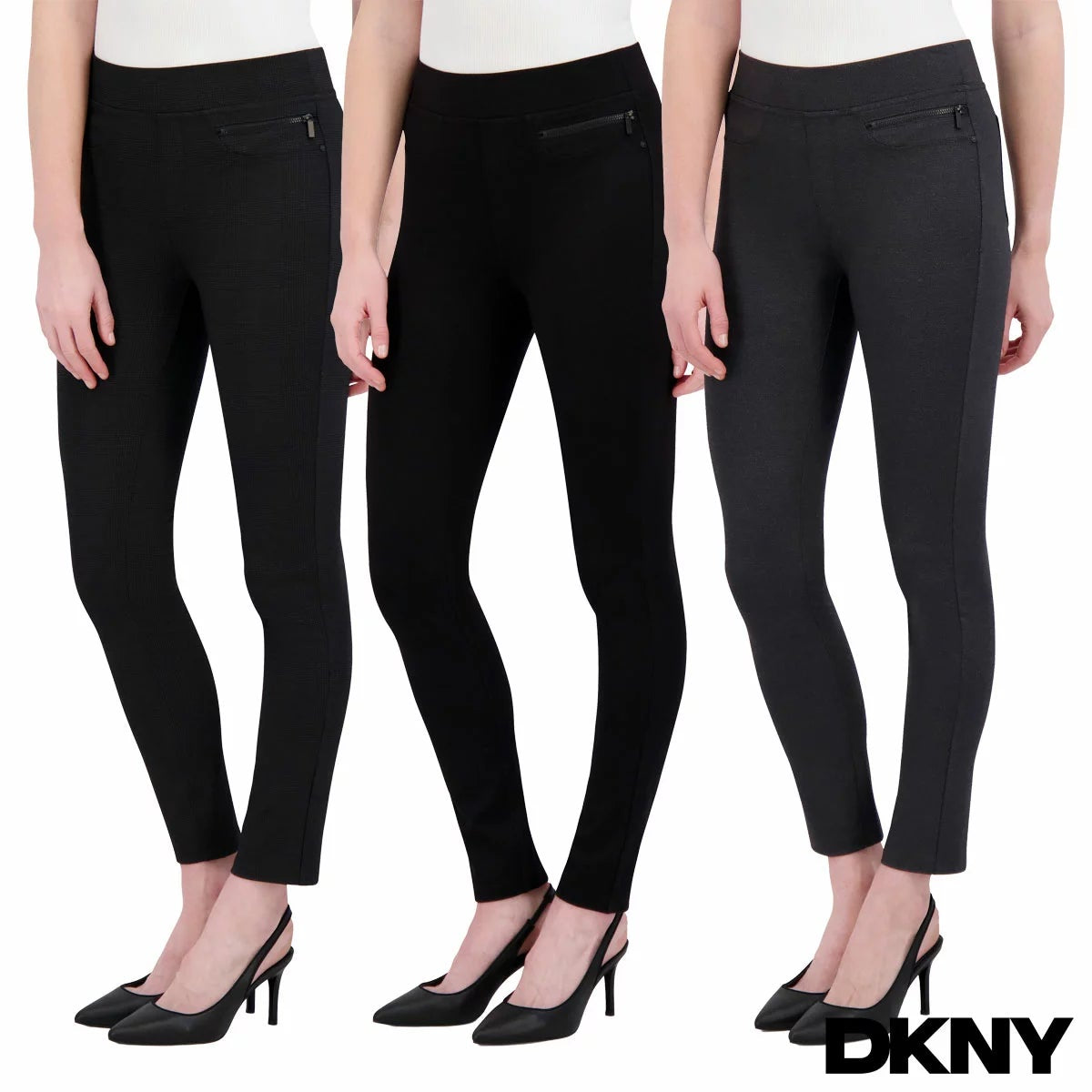 Side view of a model wearing black plaid DKNY ladies pull on ponte pants with front zipper details and skinny leg fit.