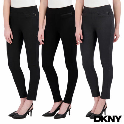 Side view of a model wearing black plaid DKNY ladies pull on ponte pants with front zipper details and skinny leg fit.