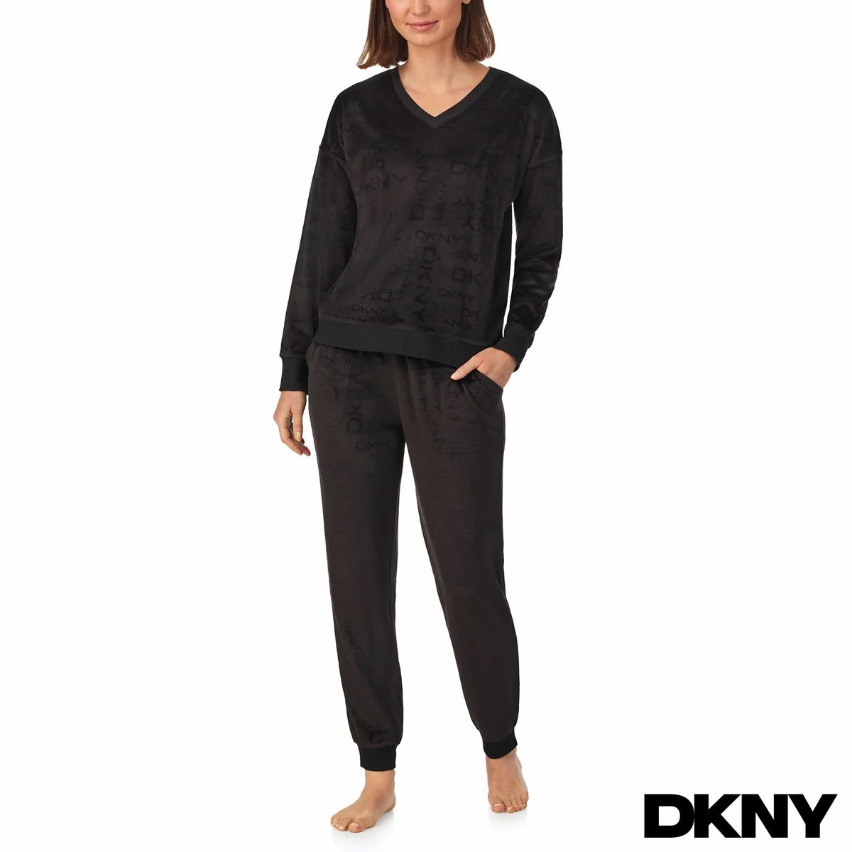 DKNY Ladies Lounge Set featuring a soft-touch fabric, relaxed fit top and matching bottoms for comfortable everyday lounging.