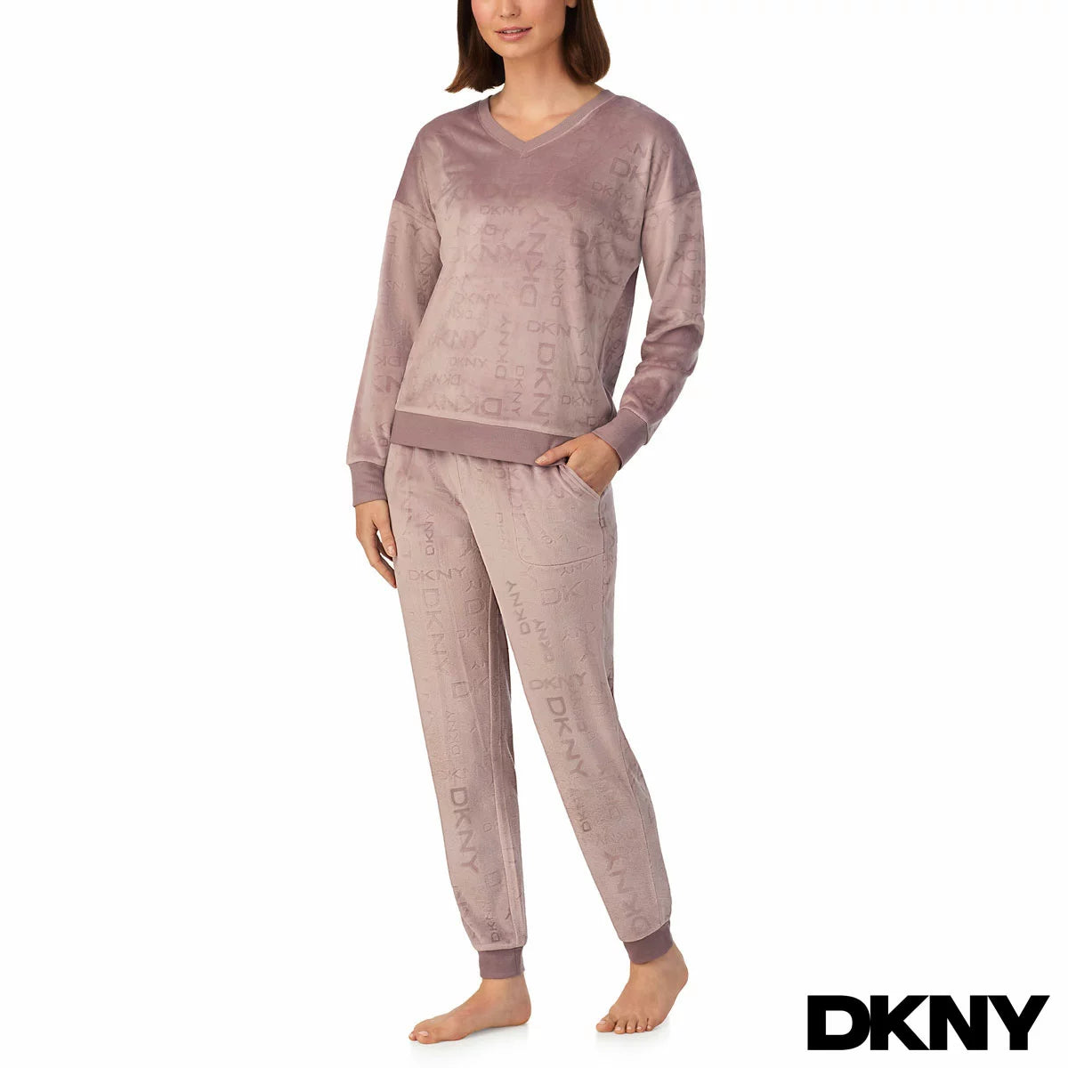DKNY Ladies Lounge Set featuring a soft-touch fabric, relaxed fit top and matching bottoms for comfortable everyday lounging.