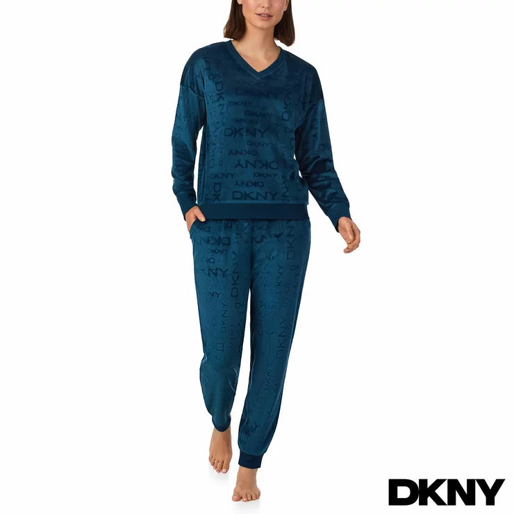 DKNY Ladies Lounge Set featuring a soft-touch fabric, relaxed fit top and matching bottoms for comfortable everyday lounging.