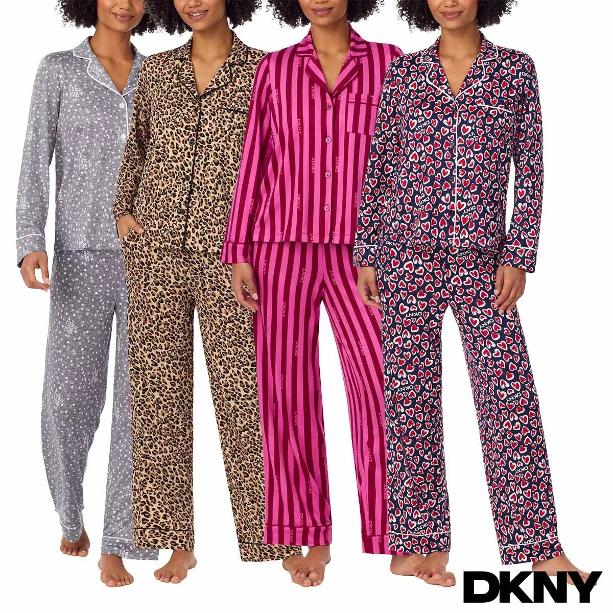 Front view of the DKNY women's notch collar pyjama set in grey with logo piping and button front detailing.