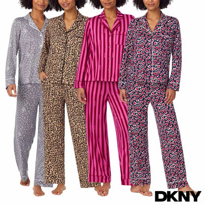 Front view of the DKNY women's notch collar pyjama set in grey with logo piping and button front detailing.