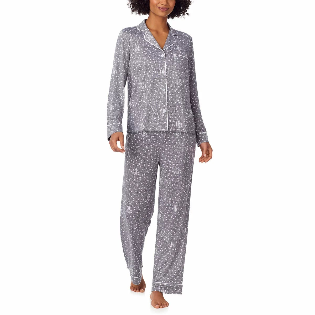Front view of the DKNY women's notch collar pyjama set in grey with logo piping and button front detailing.