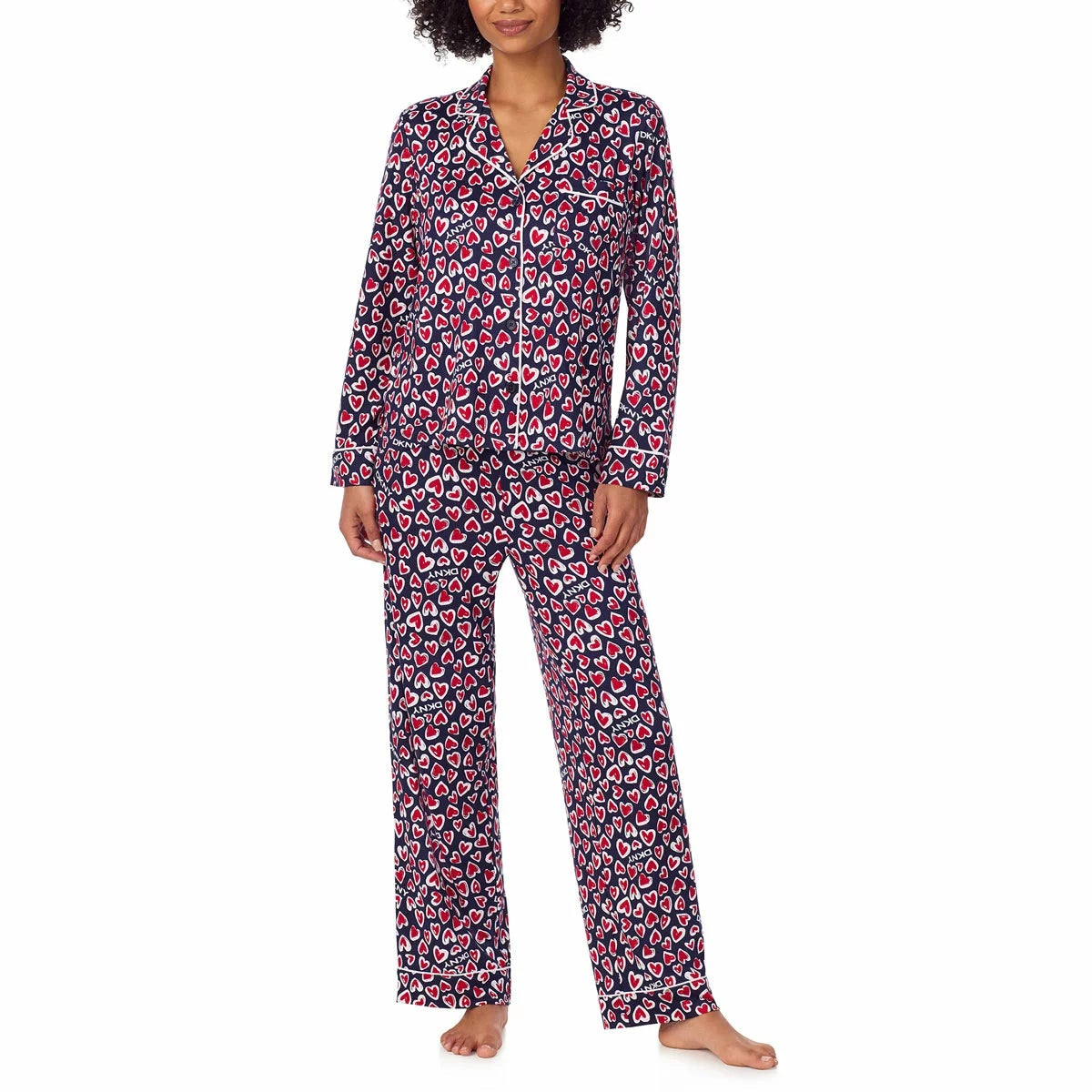Front view of the DKNY women's notch collar pyjama set in grey with logo piping and button front detailing.