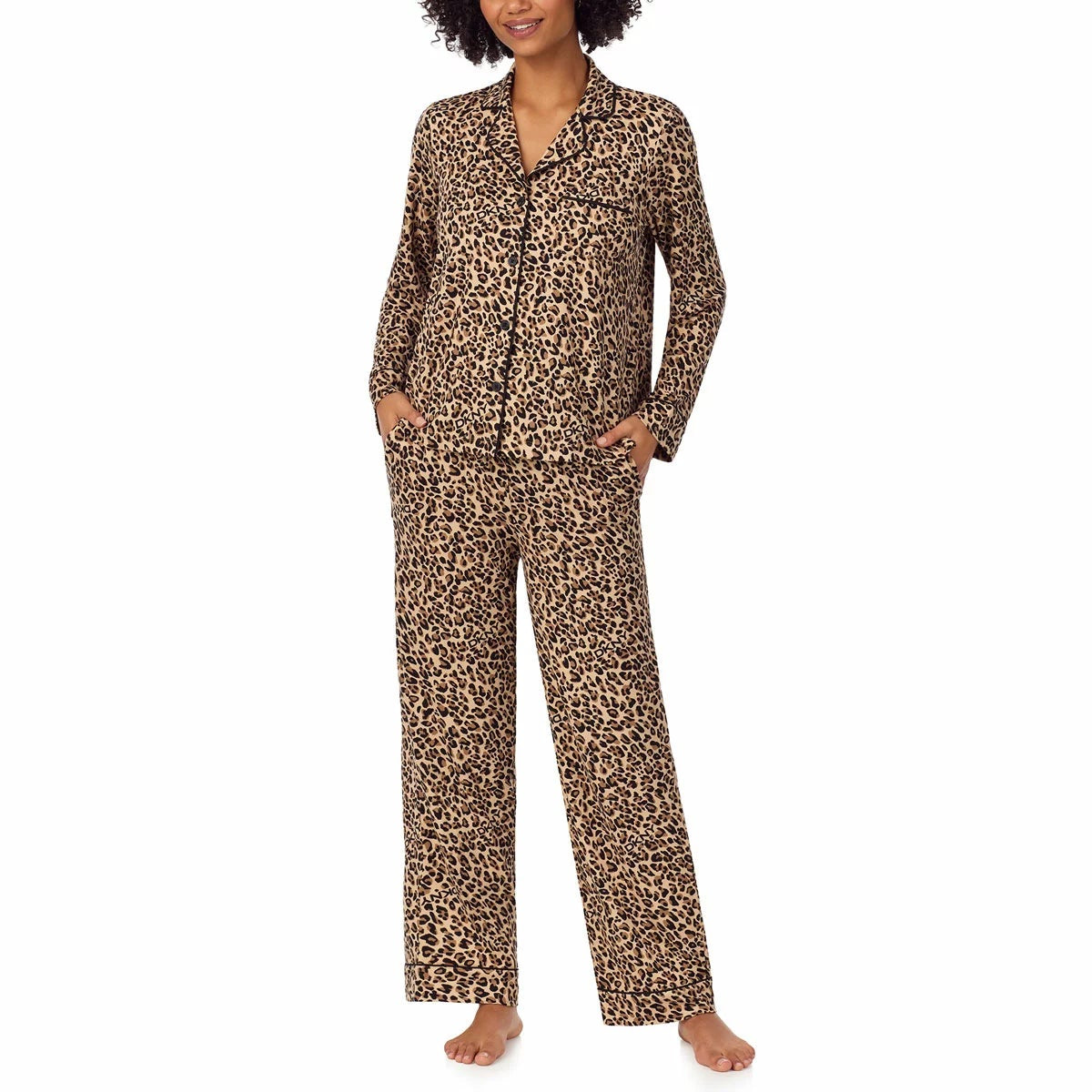 Front view of the DKNY women's notch collar pyjama set in grey with logo piping and button front detailing.