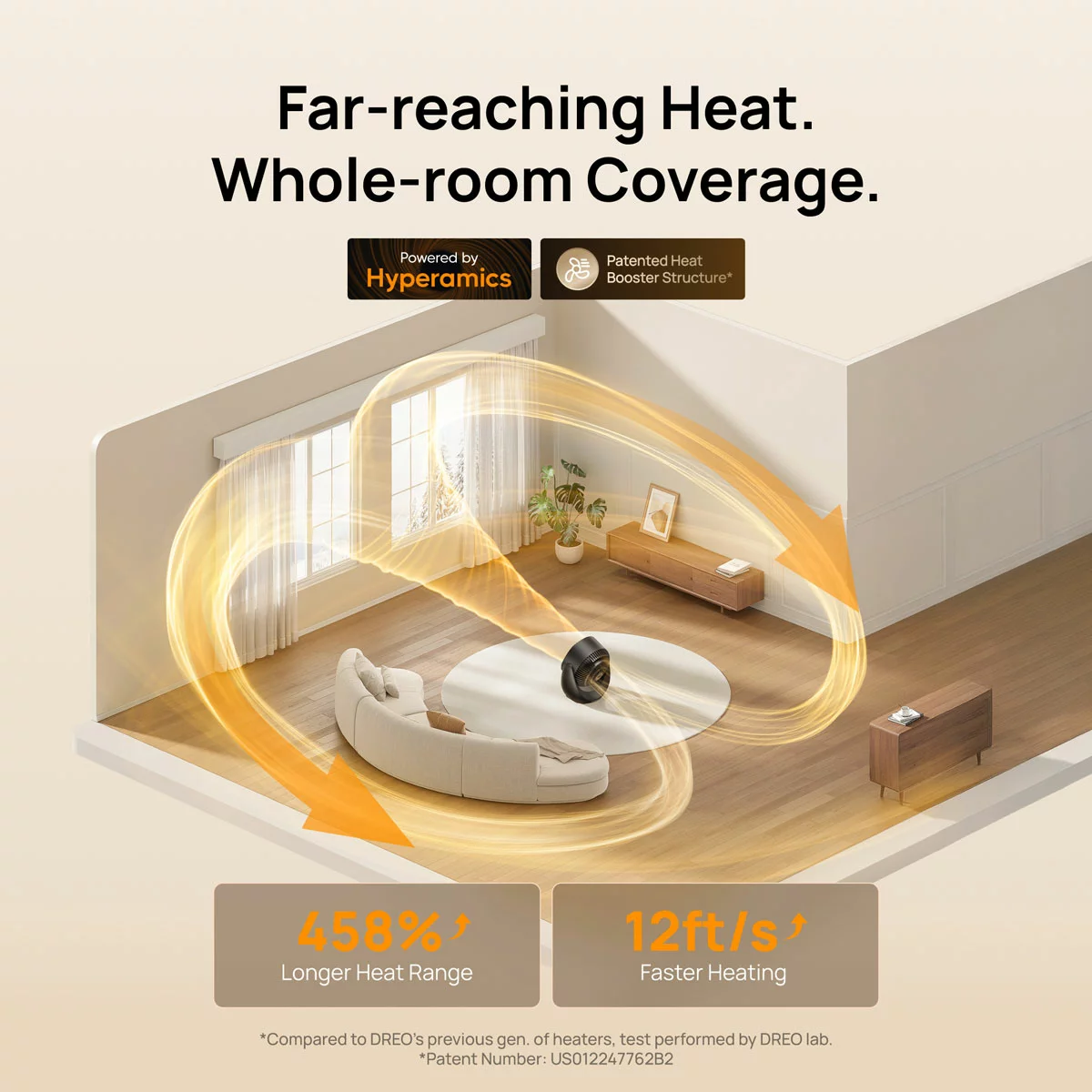 Compact black and silver DREO DR-HSH015 ceramic heater and fan sitting on a light oak desk with its digital display panel illuminated.