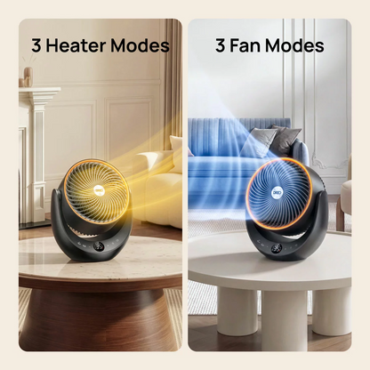 Compact black and silver DREO DR-HSH015 ceramic heater and fan sitting on a light oak desk with its digital display panel illuminated.