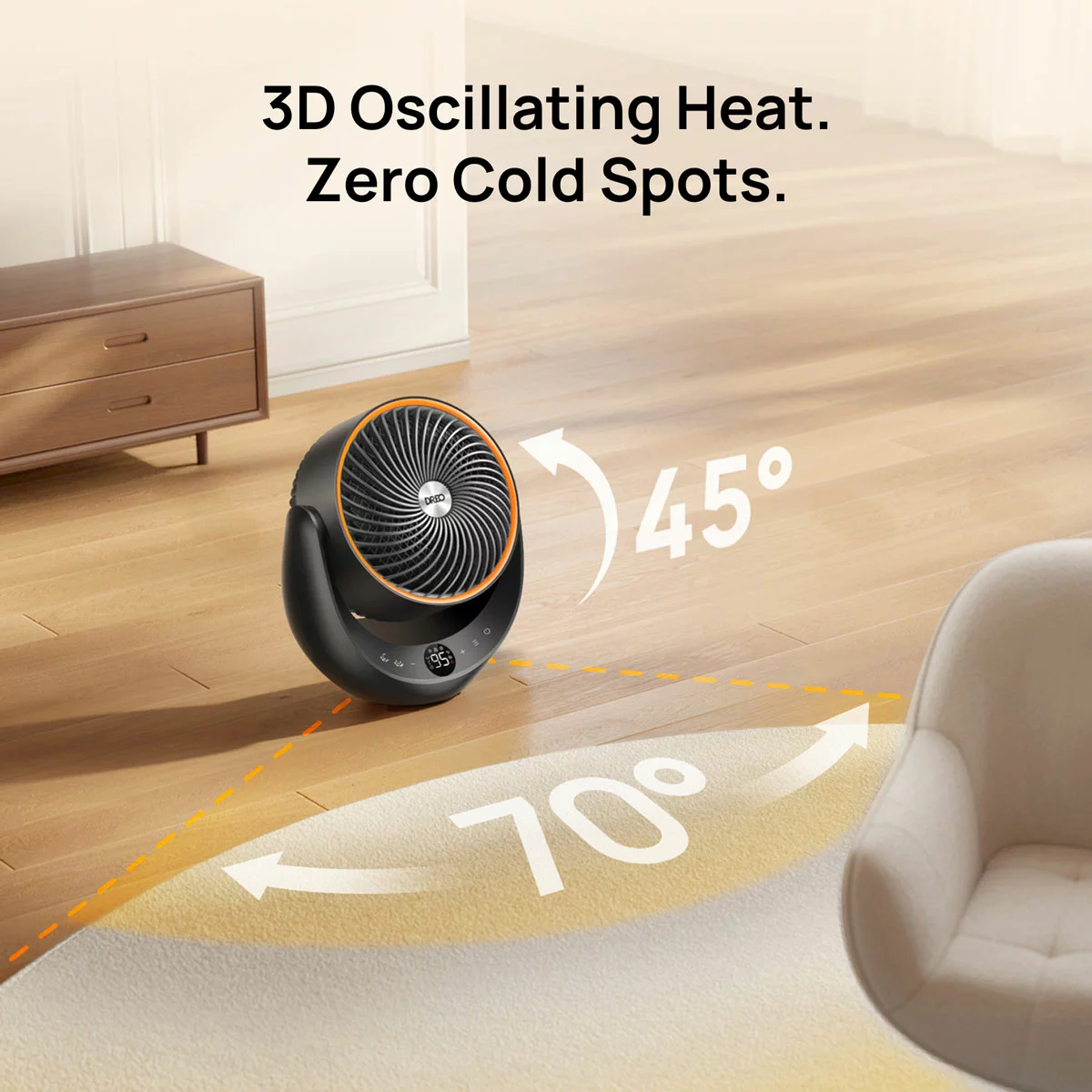 Compact black and silver DREO DR-HSH015 ceramic heater and fan sitting on a light oak desk with its digital display panel illuminated.