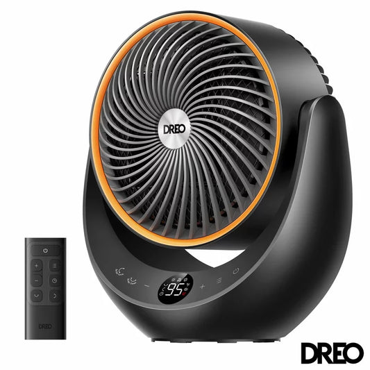 DREO 2000W ceramic whole room heater and cooling fan in a sleek black tower design.