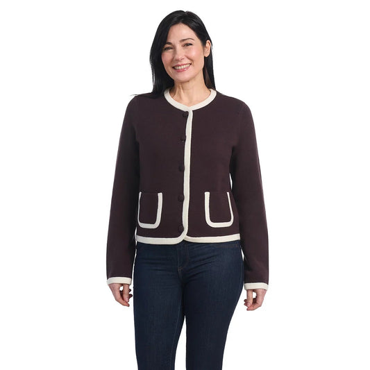 Dalia ladies brown contrast trim cardigan featuring a round collar and front patch pockets displayed flat against a clean neutral background.