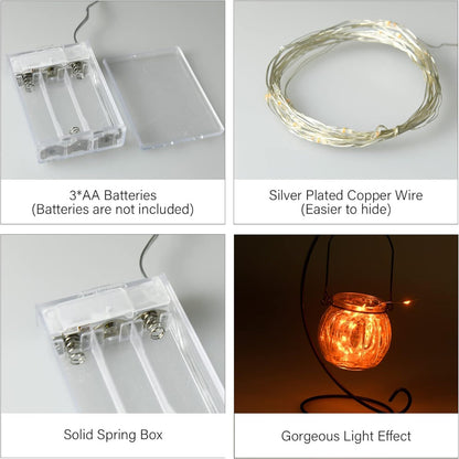 A 3M flexible silver wire string with 30 amber orange LEDs glowing warmly around an autumn fireplace display